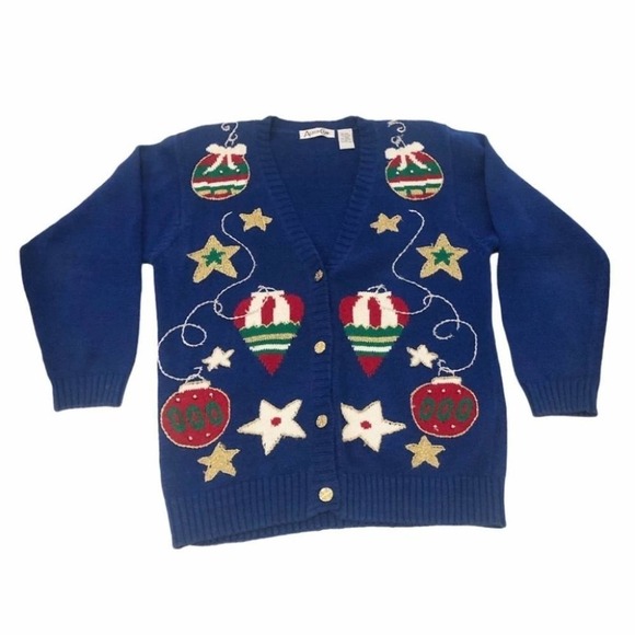 VINTAGE Christmas Ornament Button Up Cardigan Ugly Sweater Medium - Picture 1 of 8